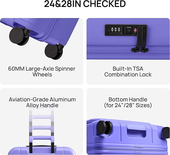 NINETYGO Large Checked Luggage 28 Inch, Top Opening Luggage Checking In Luggage, Expandable, PC Hard Shell, Larger Capacity Checked, TSA Lock, 360° Spinner Wheels (Purple)