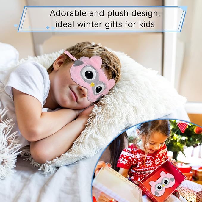 Cute Owl Plush Sleep Mask - Funny Lovely Animal Soft Fluffy Eye Cover Blindfold Shade for Kids Girls and Adult Travel - Pink