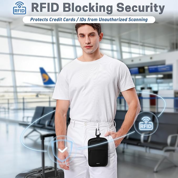 RFID Hidden Travel Wallet Belt Wallet – Large Capacity Passport Holder & Hidden Money Pouch, 3-Zone Organizer Anti-Theft Waist Wallet with Dual Clip Belt & Carabiner
