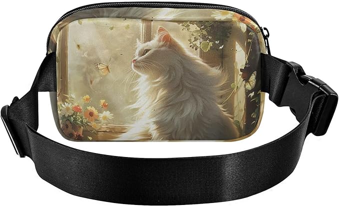 White Cat Sits by Flower Window Fanny Pack for Women Men Water Resistant Fashion Waist Packs with Adjustable Strap Belt Bag for Travel Workout Jogging Hiking 21220535