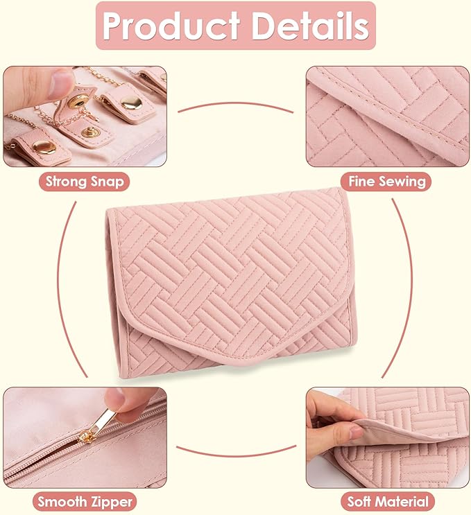 Travel Jewelry Organizer Bag Anti-Tangle Foldable Small Jewelry Roll Travel Case Accessory for Necklaces, Earrings, Rings, Bracelets, Watches, Pink