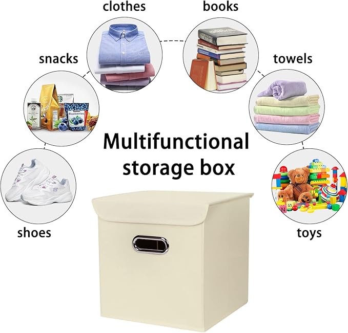 Closet Organizers Fabric Storage Bins With Lids Collapsible Cube Storages Organizer Basket With Handles,Storage Boxes for Clothes Storage,Office,Toys,3 Pack,（Creamy-White