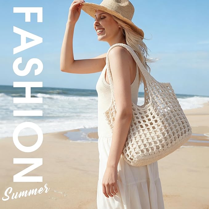 SUOSDEY Crochet Mesh Beach Tote Bag, Knit Summer Vacation Aesthetic Boho Tote Bag for Women