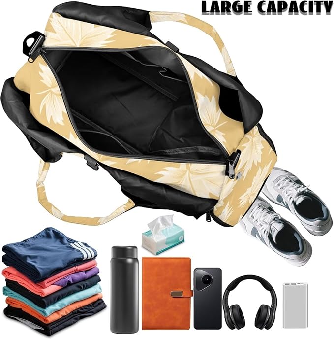 Yellow Gym Bag with Yoga Mat Strap and Shoe Compartment, Portable Lightweight Maple Leaf Gym Bag with Wet Pocket Water Resistant Gym Duffel for Swimming