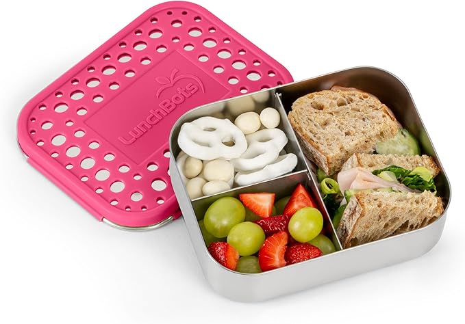 LunchBots Medium Trio II Snack Container - Divided Stainless Steel Food Container - Three Sections for Snacks On the Go - Eco-Friendly, Dishwasher Safe, BPA-Free - Stainless Lid - Pink Dots