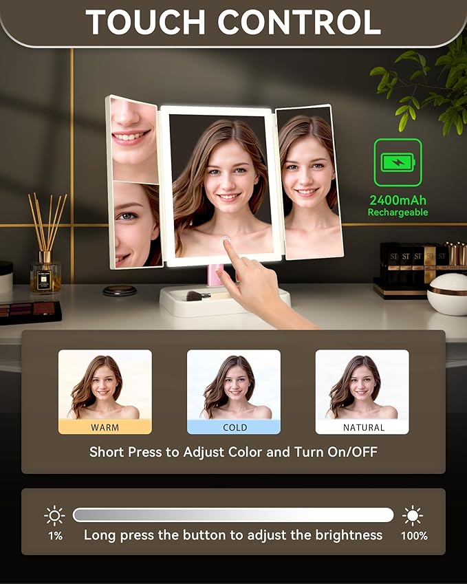 Makeup Mirror Vanity Mirror with Lights, 1X, 2X, 3X Magnification, 3 Color Lighting,Touch Sensor Dimmable, Light Up Tabletop Cosmetic Mirror