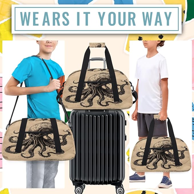Travel Duffle Bag for travel duffle bag sports Girls Boys Kids Octopus Retro Skyll Lightweight Overnight Sleepover Weekender Bags Small Dance Gym Sport Bag Teens Carry-On Size Workout Bag