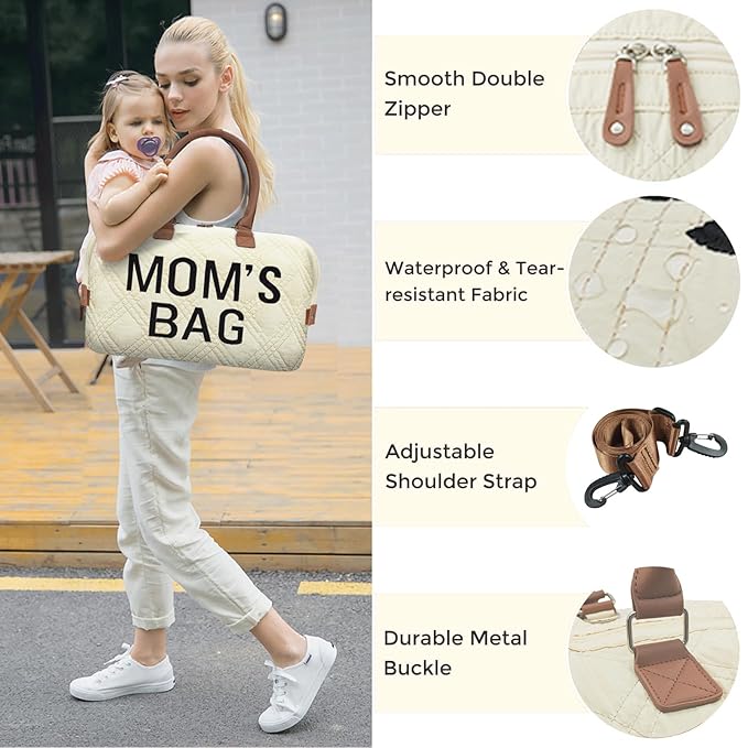 printe Diaper Bag Tote with 2 Organizers, Large Mommy Bag for Hospital & Travel Baby Diaper for Baby Care (Quilted Embroidery-Beige)