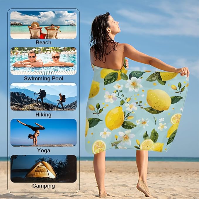 Lemon Summer Flowers Beach Towel, Large Microfiber Quick Dry Lightweight Pool Bath Towels Sand Free Beach Blanket for Summer Cruise Yoga Camping Travel Vacation Essentials 31 x 61 in