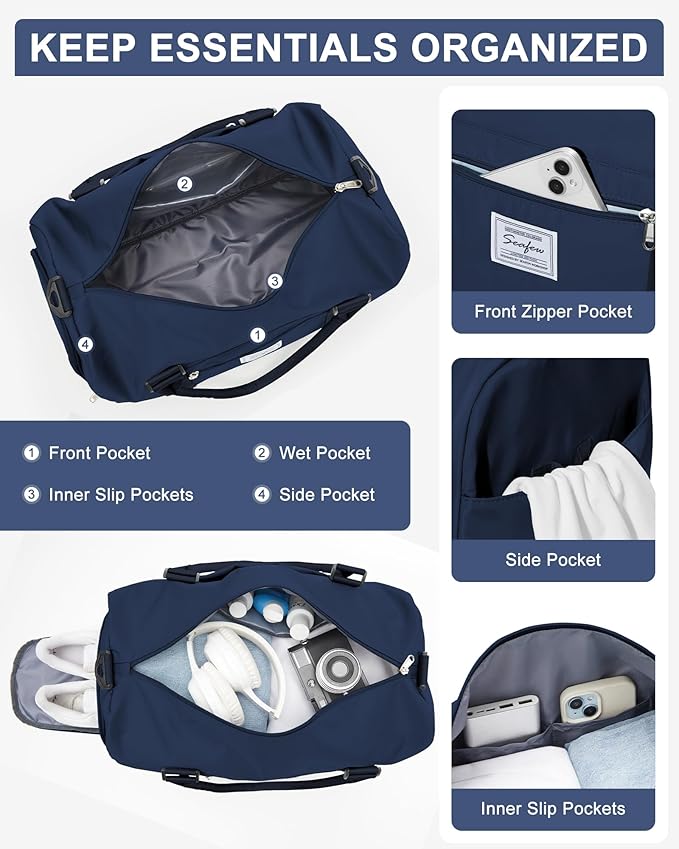 Gym Bag Womens Mens with Shoes Compartment and Wet Pocket Travel Duffel Bag for Women for Plane Sport Gym Tote Bags with Toiletry Bag Waterproof Weekend Overnight Carry on Bag Hospital Holdalls