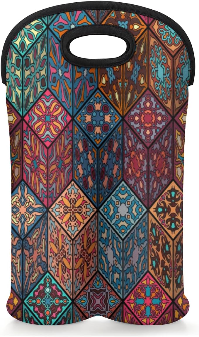 Square Mandala 2 Bottle Wine Carrier Tote Bag Insulated Wine Bottles Neoprene Bag with Secure Carry Handle Portable Wine Cooler Bag for Travel Picnic Beach