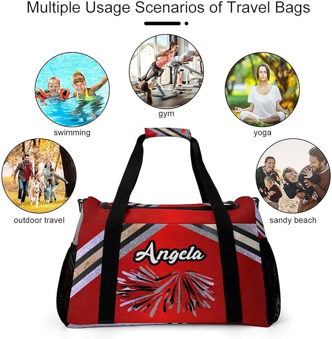 Waterproof Gym Bags Custom Cheerleaders Red Maroon Cheerleadings Duffel Bag with Name Adjustable Shoulder Strap Travel Bag for Teens Training Bag