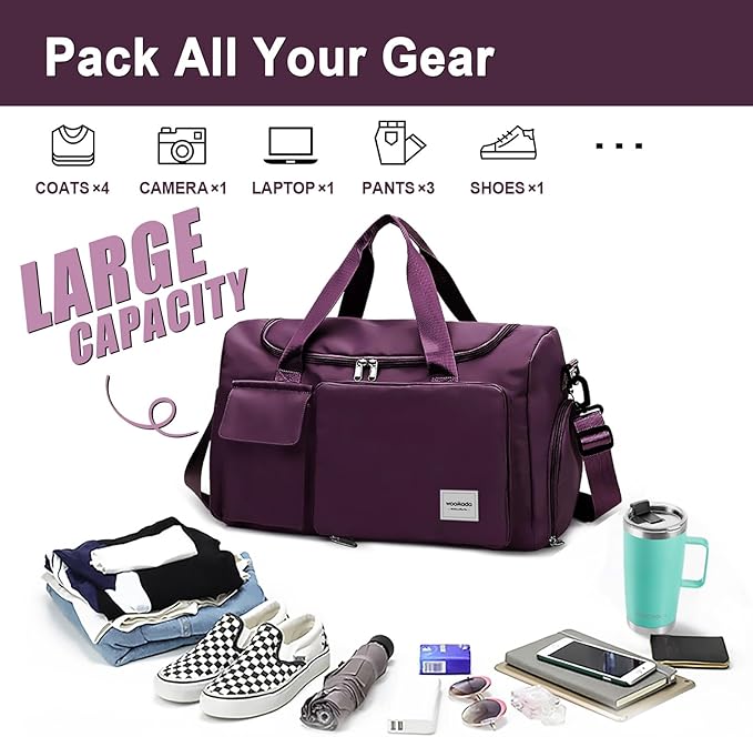 WOOMADA Foldable Travel Duffel Bag with Shoes Compartment, Overnight Bag with Wet Pocket & Trolley Sleeve, Weekender Bags for Women (purple)