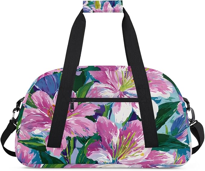 Flower Lily Gym Travel Duffle Bag for Women & Men with Front Zipper Pocket for Sports, Overnight, Weekender, Carry On,Workout & Dance Bag,Floral Lily,18.9 * 8.7 * 10.6 in