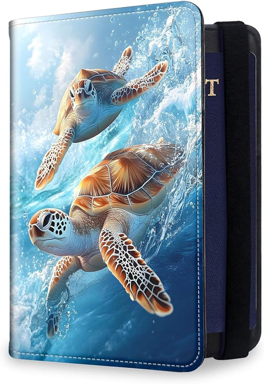RFID Security Premium Passport and Travel Document Holder Combo, Slim PU Leather Folio Wallet with 3 Card Slots & Boarding Pass Pocket, Secure Elastic Closure Organizer, Colorful Turtle