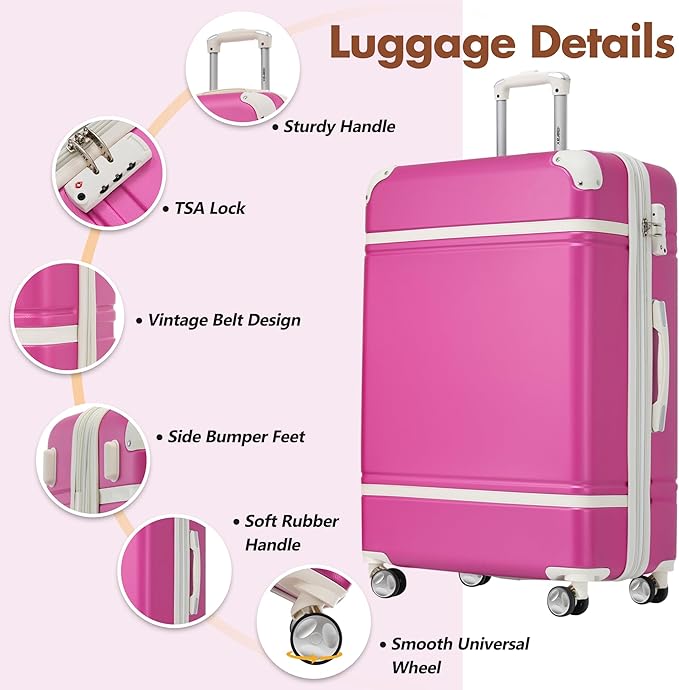 Merax 28 Inch Checked Luggage, Expandable Suitcase with Spinner Wheels, Hard Shell Vintage Luggage Set with TSA Lock(Pink)