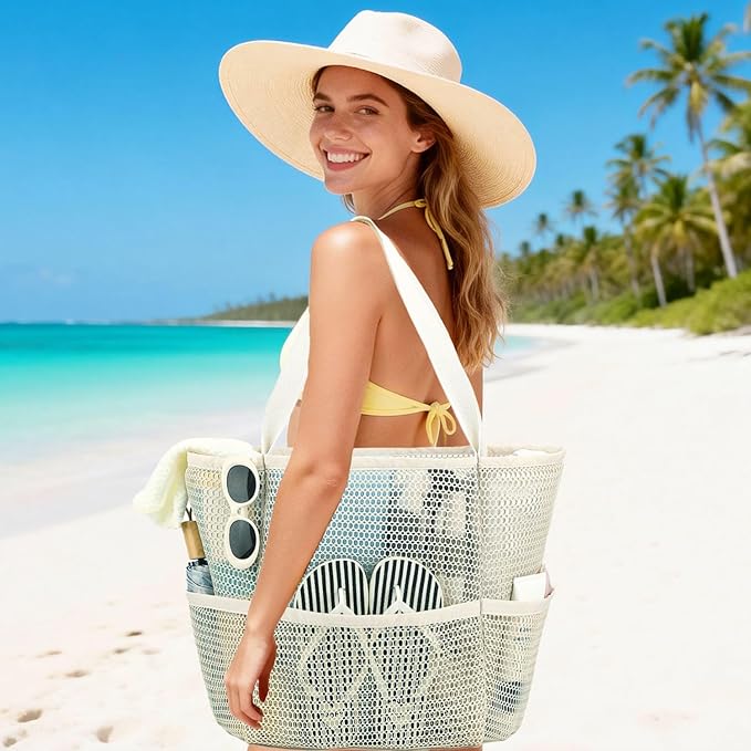 Beach Bag for Women with Outer Pocket, Waterproof Large Tote Bag for Cruise Essentials
