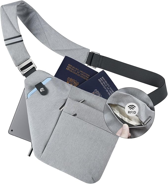 VADOO Anti-theft Sling Bag, RFID Blocking Crossbody Bag for Women and Men Lightweight Shoulder Chest Bag for Travel Sport, Grey 2.0, Large