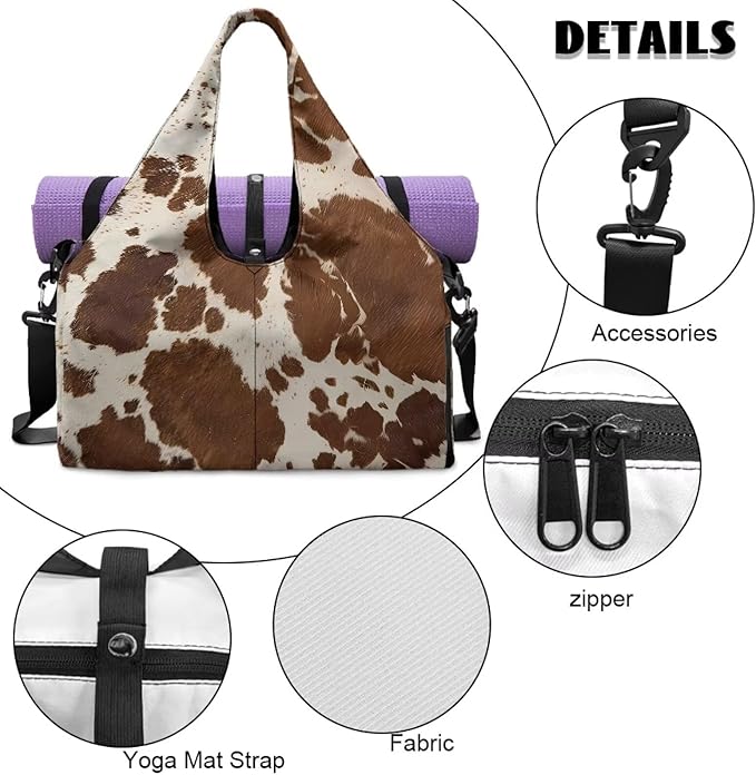 Brown Cow Print Lightweight Gym Bag for Women with Shoe Compartment Sports Carry On Weekender Duffel Bag for Sports, Overnight, Swim, Travel Duffel Bags