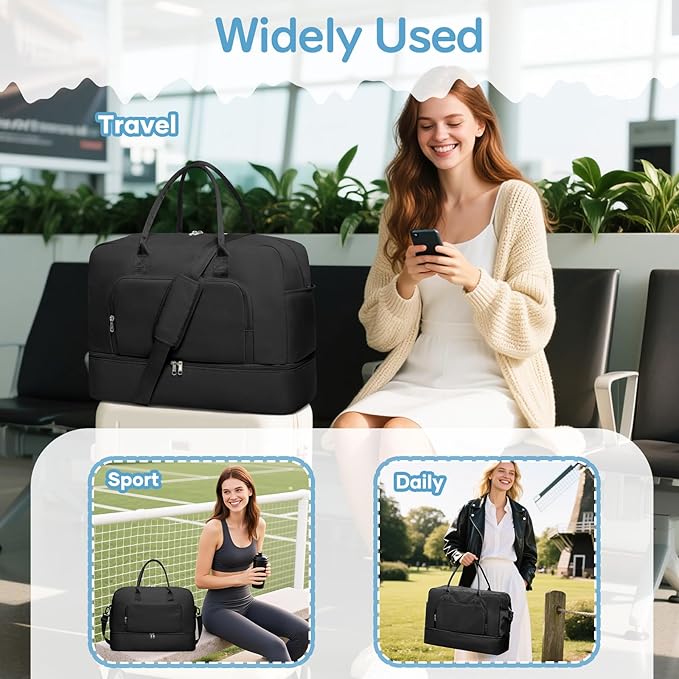 Travel Duffle Bag,Weekender Bags for Women with Shoe Compartment Personal Item Travel Bag Carry on Overnight Bags For Airplanes Gym Duffel Bag with Wet Pocket Hospital Bag for Labor and Delivery Black