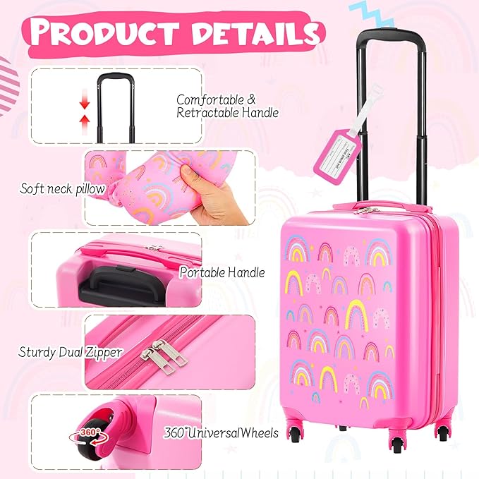 Sanwuta 4 Pcs Kids Luggage Set Rolling Suitcase Backpack U-shaped Pillow Kids Carry On Gift for Summer Travel Family Trip(20 Inch,Rainbow Style,Pink)