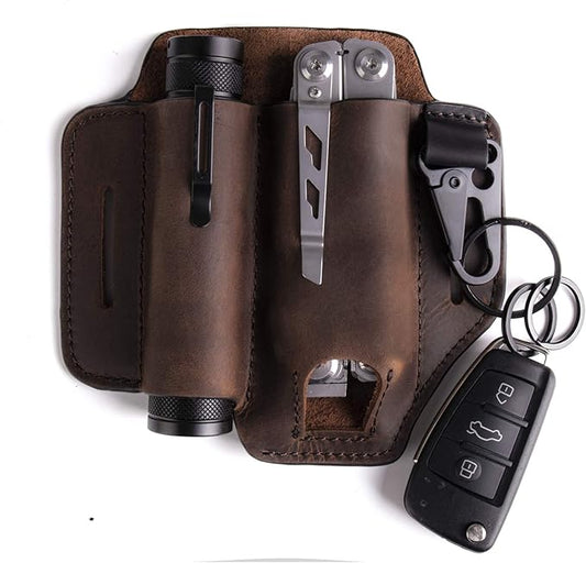 Gentlestache Leather Sheath for Leatherman Multitool Sheath EDC Pocket Organizer with Key Holder for Belt and Flashlight Sheath Multitool Pouch Darkbrown