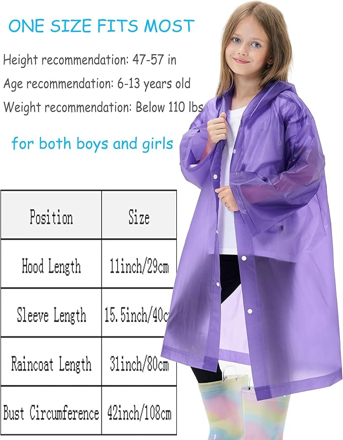 2 Pack Reusable Waterproof Raincoat EVA Emergency Rain Ponchos One Size Rain Jacket for Children, Boys and Girls