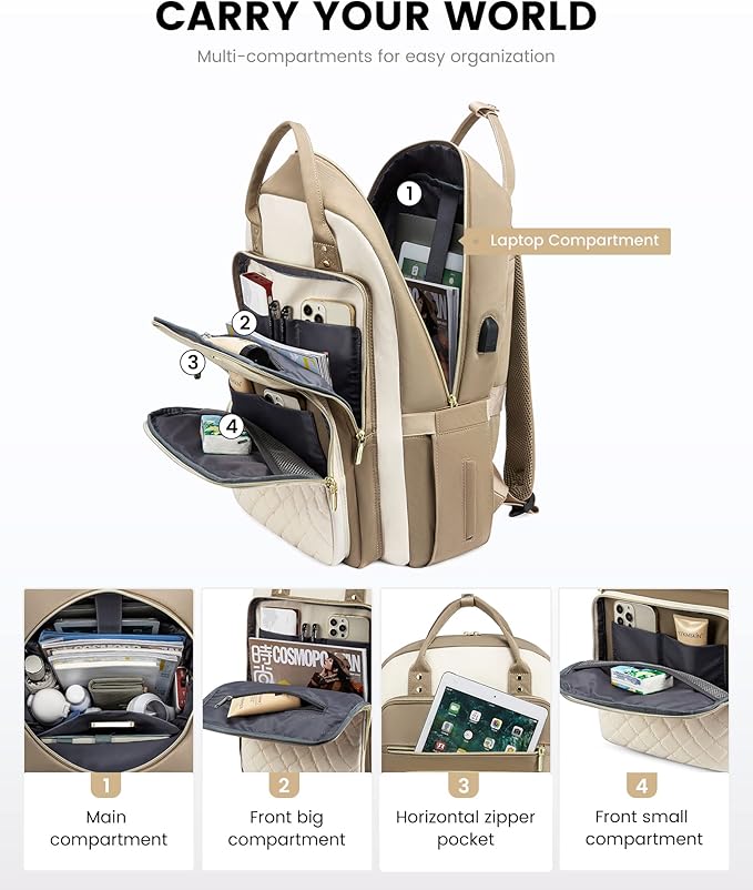 LOVEVOOK Laptop Backpack Purse for Women, 17" Laptop Bag with USB Port, Water Resistant Lightweight Daypacks for College Travel Work Business, Nurse Teacher Computer Bags, Khaki Beige