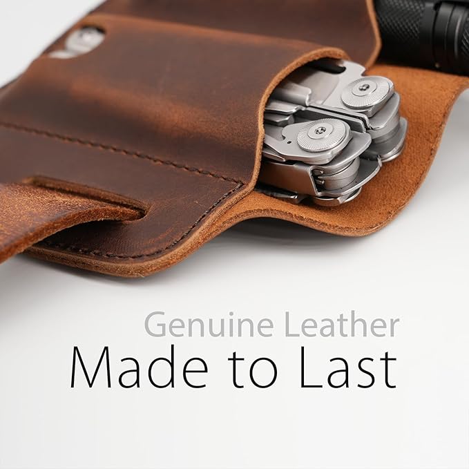 XXL EDC Leather Sheath for Leatherman Multitools, Belt Sheath Pocket Organizer for 5 inch Knives Tactical Flashlights Tools, Chestnut