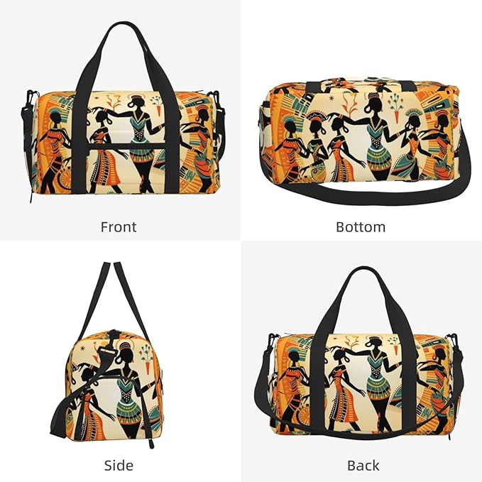 Sports Gym Bag Dancing African Women Ethnic Pattern Travel Duffel Bag With Shoe Compartment Shoulder Strap, Lightweight Water-Resistant Weekend Overnight Totes For Women Men