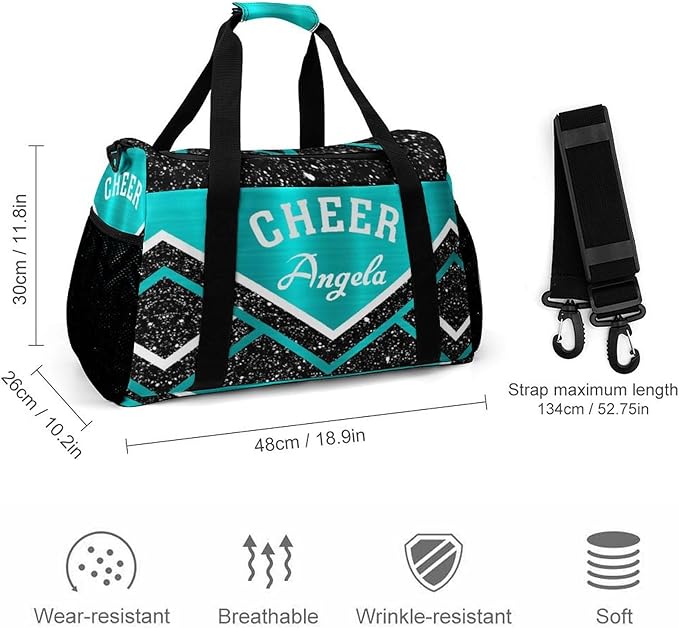 Personalized Name Sports Player Duffel Bags with Adjustable Shoulder Strap for Shoes Cheer Teal Blue Cheerleading Stripes Handheld Crossbody Travel Bag