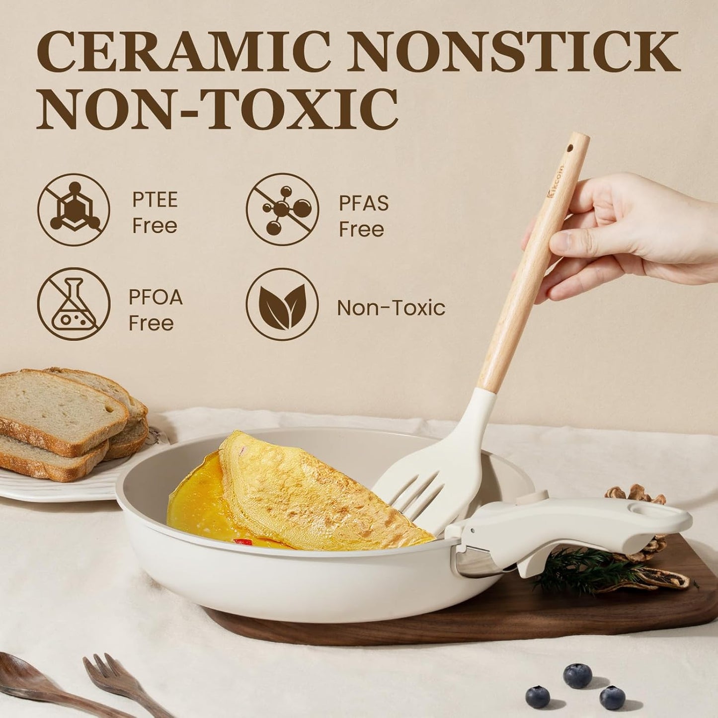 KIKCOIN Ceramic Cookware Set, 22 Pcs Nonstick Pots and Pans Set with Detachable Handles, Non Toxic Kitchen Cooking Set with Removable Handles, Induction/Dishwasher/Oven Safe, Ollas de Cocina