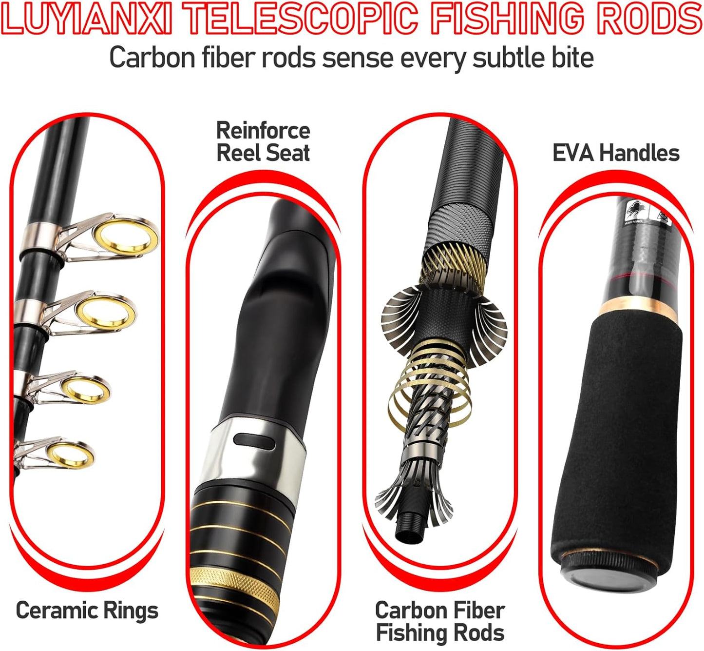 Telescopic Fishing Rod Combo - 2PCS 6.9 7.89FT Collapsible Carbon Fiber Pole Set, Spinning Reel Lures Lines Kits with Carrier Bag for Travel Saltwater Freshwater Fishing Gifts for Adults Beginer