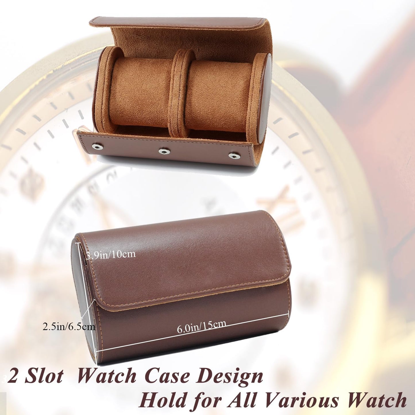 Watch Travel Case, Luxury Leather Watch Roll 2 Slot Organizer Box, Jewelry Storage Case Gifts for Man and Woman Christmas Anniversary Birthday (Brown-2slot)