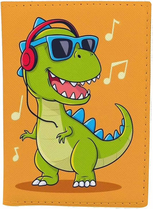 Dinosaur Passport Holder for Travel Musical Dinosaur with Headphones PU Leather Passport Cover Wallet Cute Passport Card Holder for Women and Men