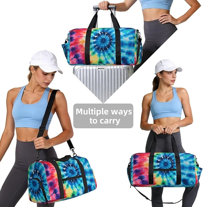 Sports Gym Bag Colorful Tie Dye Ethinic Pattern Travel Duffel Bag With Shoe Compartment Shoulder Strap, Lightweight Water-Resistant Weekend Overnight Totes For Women Men