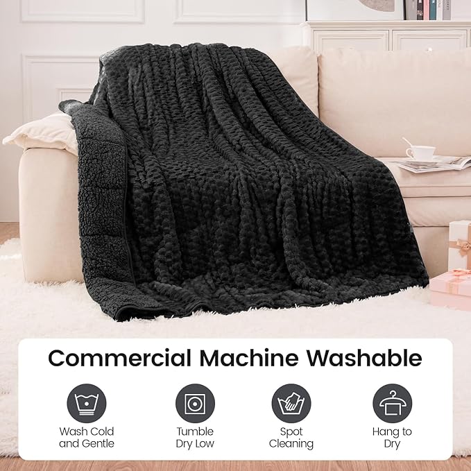 Super Soft Luxury Fleece Sherpa Weighted Blanket 15lbs for Adults, Turtle Shell Fluffy Cozy Warm Queen Size Weighted Throw, Ceramic Beads Washable Heavy Blankets for Couch Bed, Black, 60" x 80"
