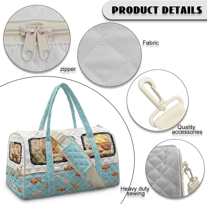 COEQINE Quilted Duffle Bags for Women Travel Cool Quilted Tote Bag Large Car Blue Camper Summer Beach Themed Weekender Bag Designer Carry On Bags