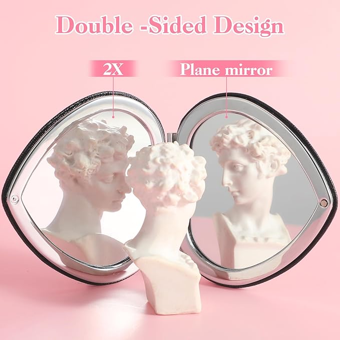 Compact Folding Heart Shaped Double-Sided 1X/2X Magnifying Mini Glitter Makeup Mirror with PU Leather for Women Home, Office and Travel (Silver)