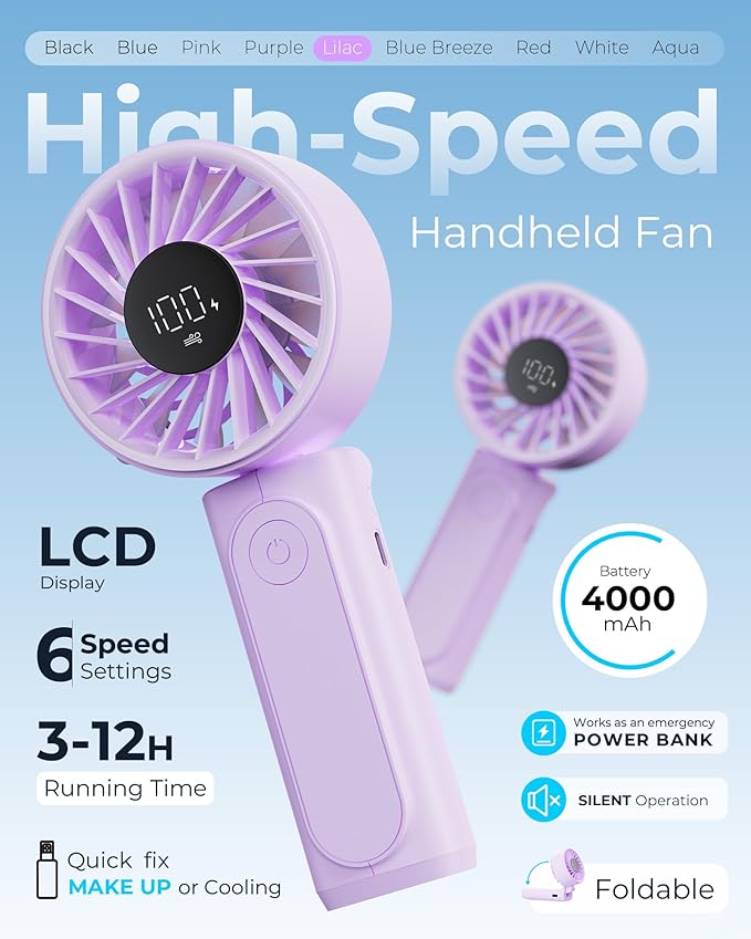 Portable Fan, 4000mAh USB Rechargeable, 180° Foldable Mini Desk Fan, 6 Wind Speed, LCD Digital Display, Lanyard as Neck Fan, Ultra Quiet, Pocket Size for Indoor Outdoor