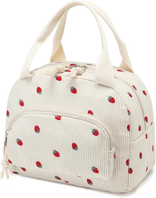 Lunch Bag Women Lunch Box for Women Adult Cute Insulated Lunch Bag Small Cooler Lunch Tote Bags for Work Picnic School (Beige-Strawberry)