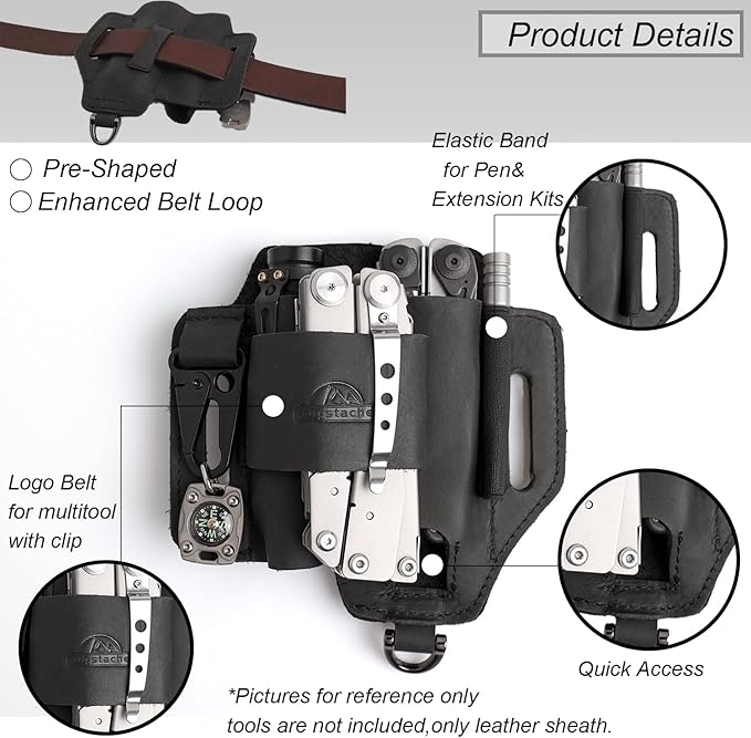 Topstache Leather Multitool Sheath,EDC Belt Organizer for Work and Daily Use,Leatherman Sheath,EDC Pocket Organizer for Flashlight and Multitool,Gifts for Men,Leather Sheath for Multitool,Black