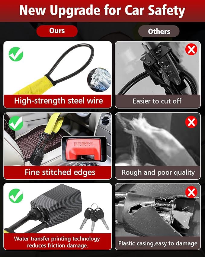 2026 Upgraded Steering Wheel Lock, Seatbelt Lock, Universal Anti-Theft Device, Car Lock, Anti-Theft Device with 3 Keys, Suitable for Most Vehicles, Trucks, SUVs, Vans (Yellow)