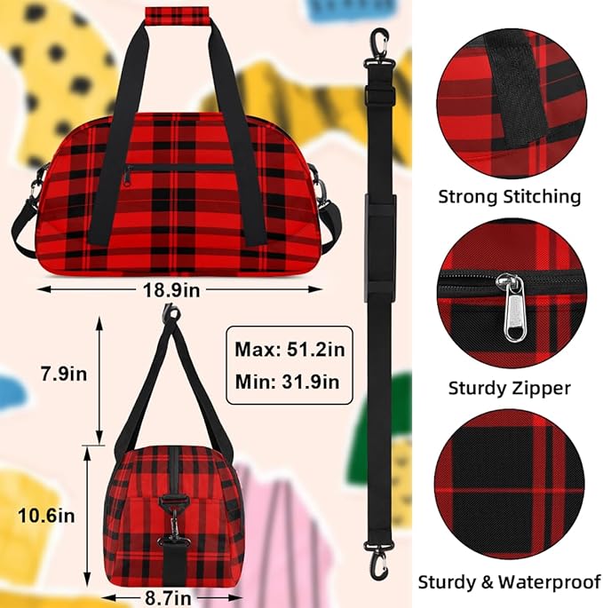 Gym Bag for Women Men, Red And Black Checkered Patterns Travel Duffle Bags for Dance Ballet Overnight, Carry-On Weekender Bag with Detachable Shoulder Strap