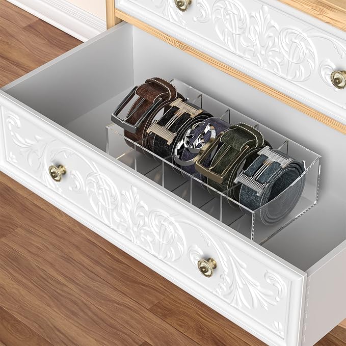 Belt Organizer, Acrylic Belt Storage Holder for The Closet and Drawer, 5 Compartments Belt Container Clear Display Case for Tie and Bow Tie