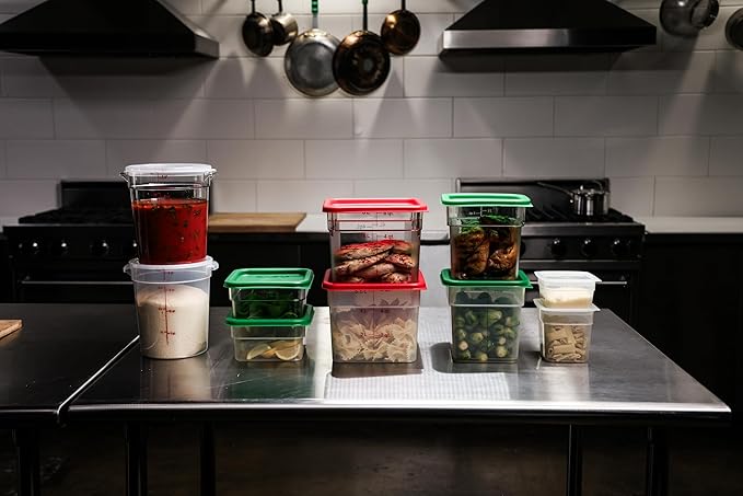 Cambro Food Storage Container with Lid (2 Pack) - Classic Series Square with Green Lid - 4 QT (Quart) - Commercial Grade for Food Prep (Clear)