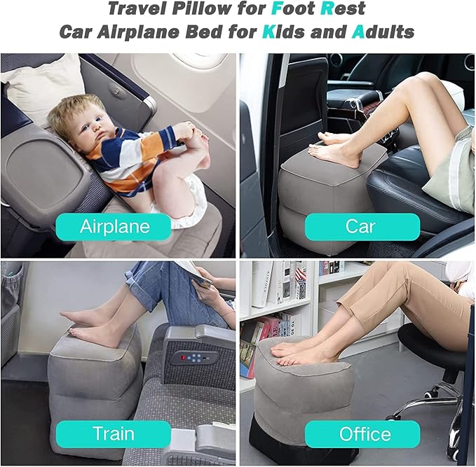 Inflatable Foot Rest Pillow for Travel, Kids/Adults Airplane Travel Pillow Kids Bed-Adjustable Height Cushions,for Kids to Sleep While Traveling,Suitable for Car,Office,Home,Travel (Grey)