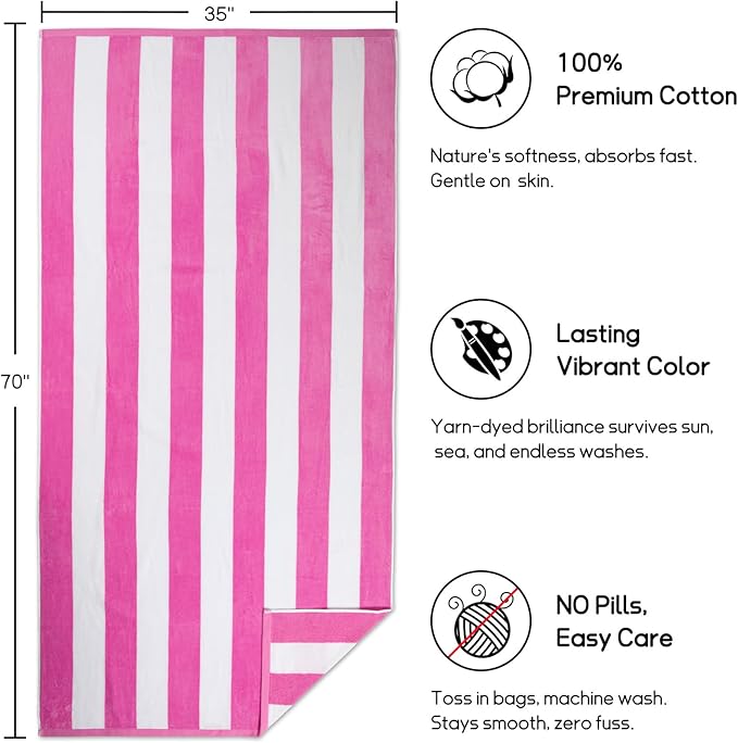 cabanana Large Oversized Beach Towel - 35 x 70 Inch Cotton Pool Towel, Pink Striped Soft Cabana Swim Towel