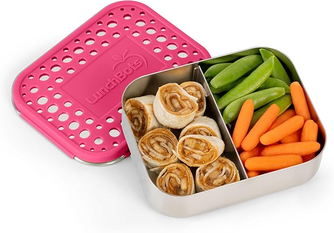 LunchBots Medium Duo Snack Container - Divided Stainless Steel Food Container - Two Sections for Half Sandwich and a Side - Eco-Friendly - Dishwasher Safe - Stainless Lid - Pink Dots