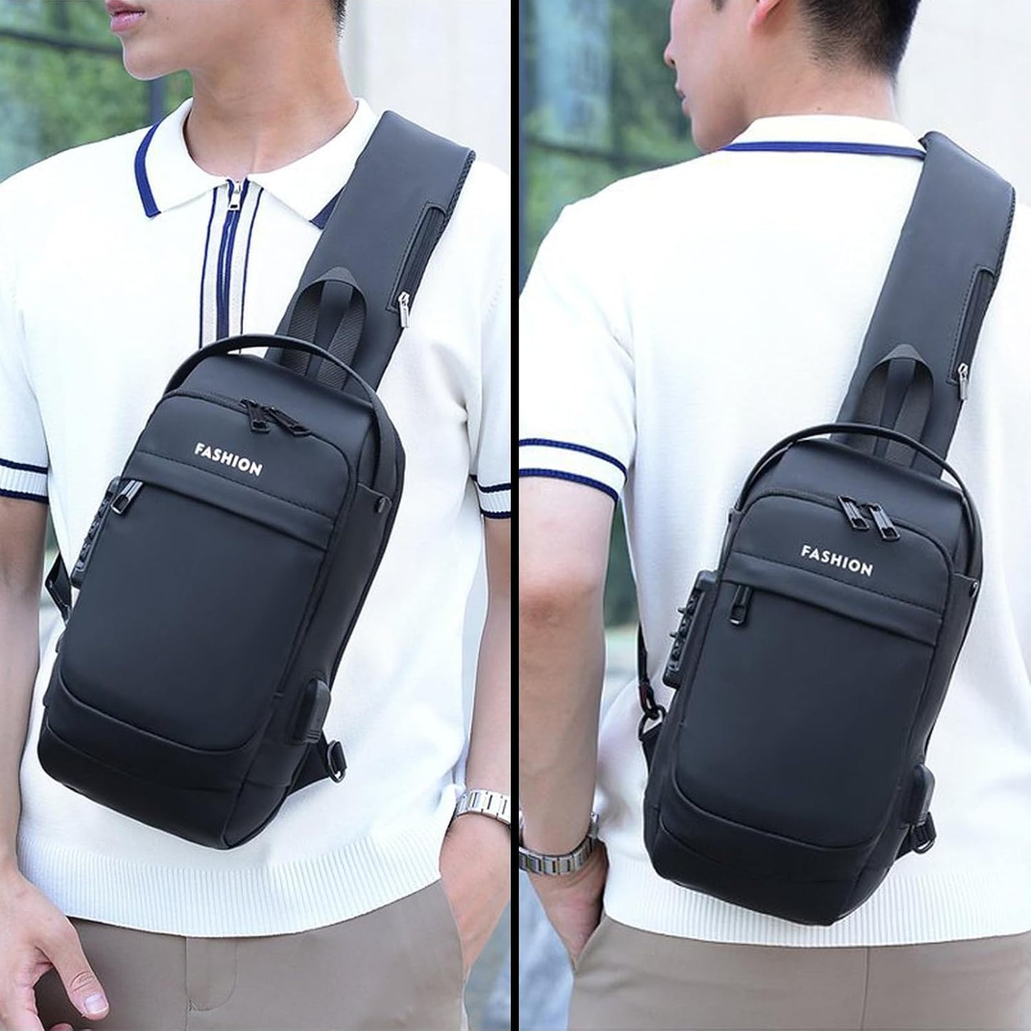 Sling Bag for Men Anti-theft USB Crossbody Shoulder Backpack Purse Waterproof PU Leather Chest Bag Travel Daily Use